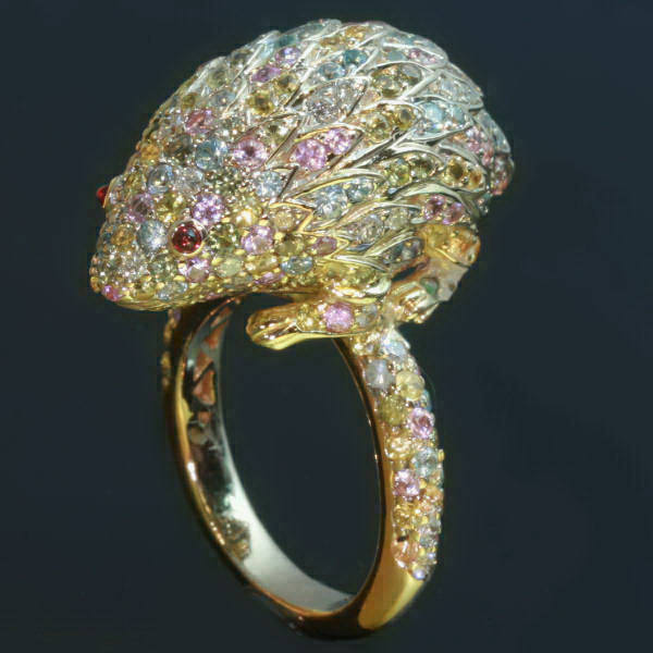 Estate ring, hedgehog set with diamonds and multi colored semi precious stones